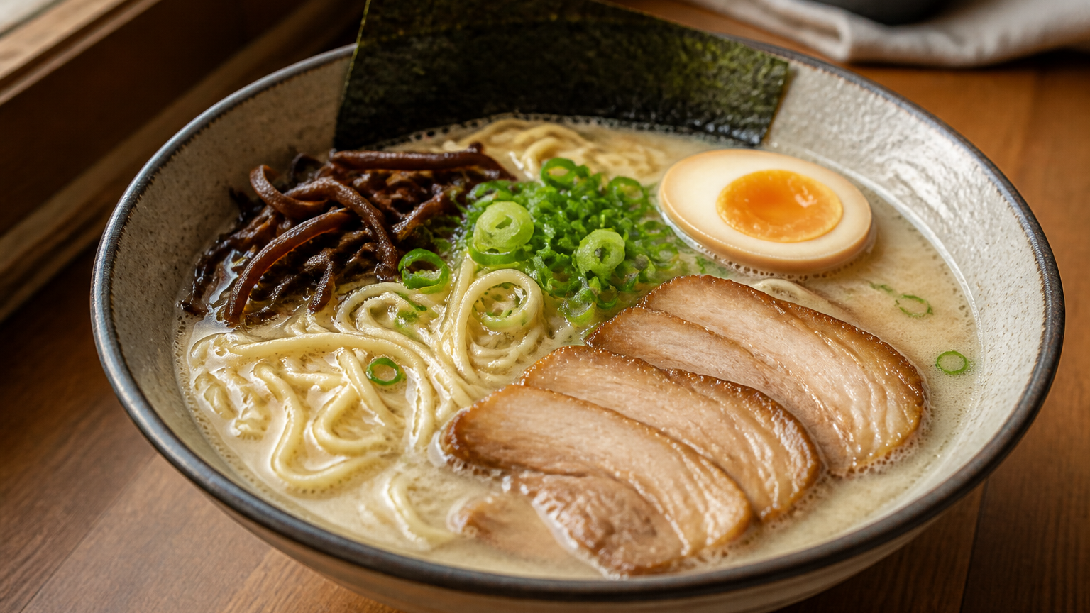 Tazón de ramen tonkotsu japonés con caldo blanco y sedoso, panceta, huevo marinado, fideos, hongos negros, nori y cebollín