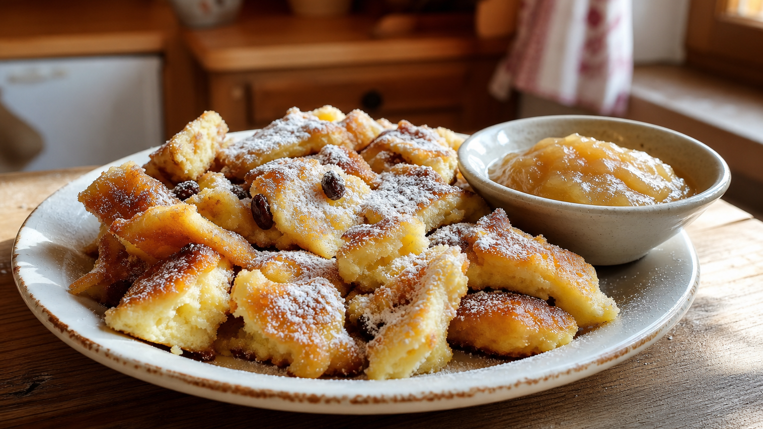 Kaiserschmarrn austriaco esponjoso y dorado, servido con azúcar glas, pasas y compota de manzana